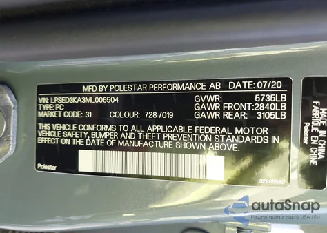 2021 Polestar 2 Launch Edition from USA, damaged, VIN LPSED3KA3ML006504